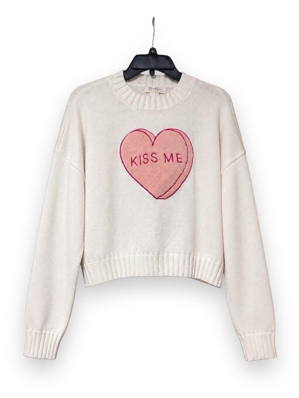 Jessica Simpson Womenโs โKiss Meโ Heart Knit Sweater Size Medium Cream Pink